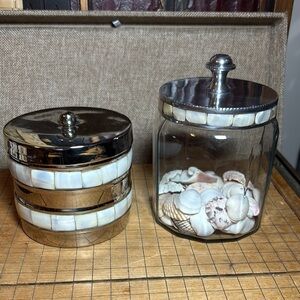 Canister Combo Mother of Pearl Shell, Silver Metal and Glass w Seashell Mix